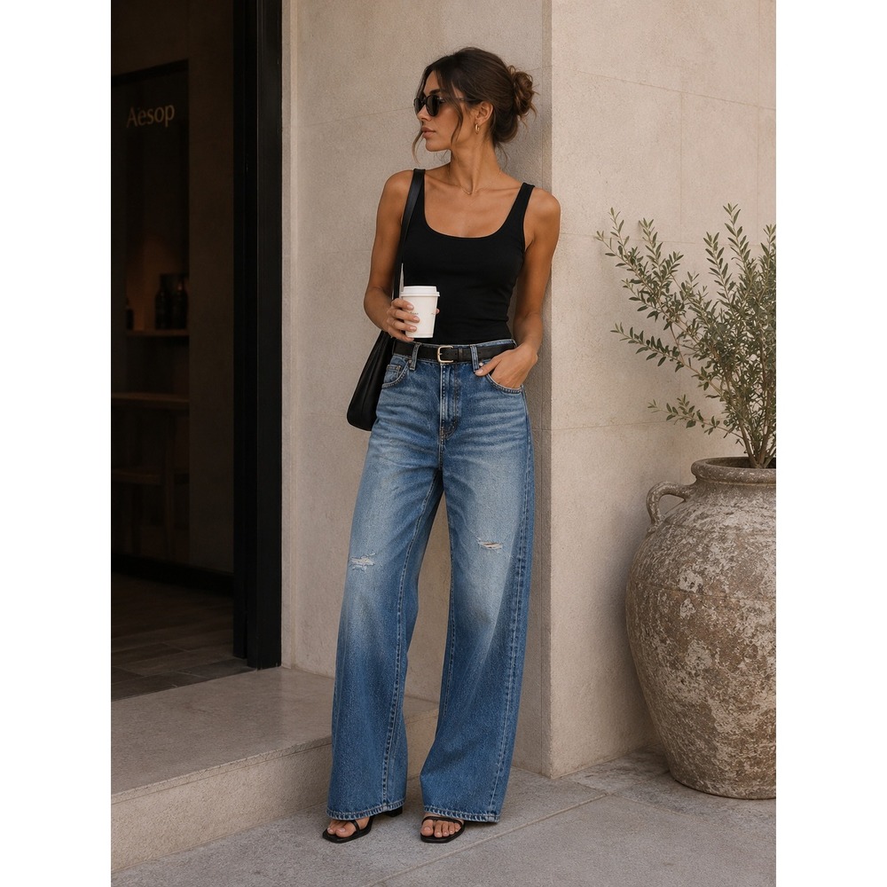 Zara Studio Wide Leg Distressed High Rise Jeans Blue Size S